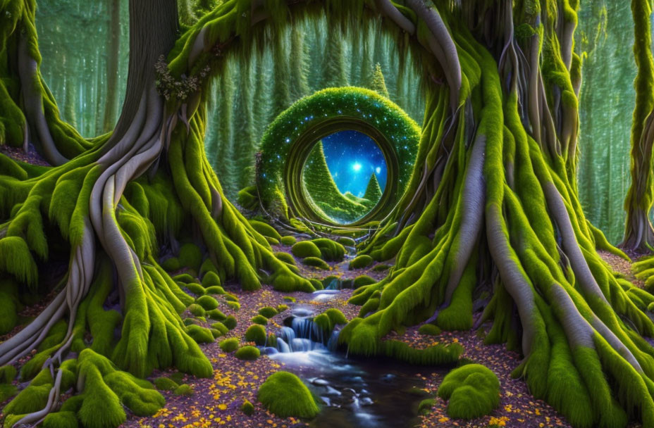 Mystical forest with moss, gnarled trees, stream, and glowing portal