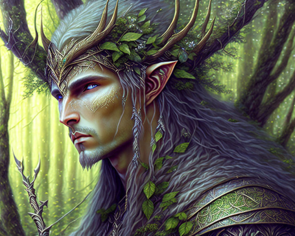 Elf with Antlers in Intricate Armor Among Forest Backdrop