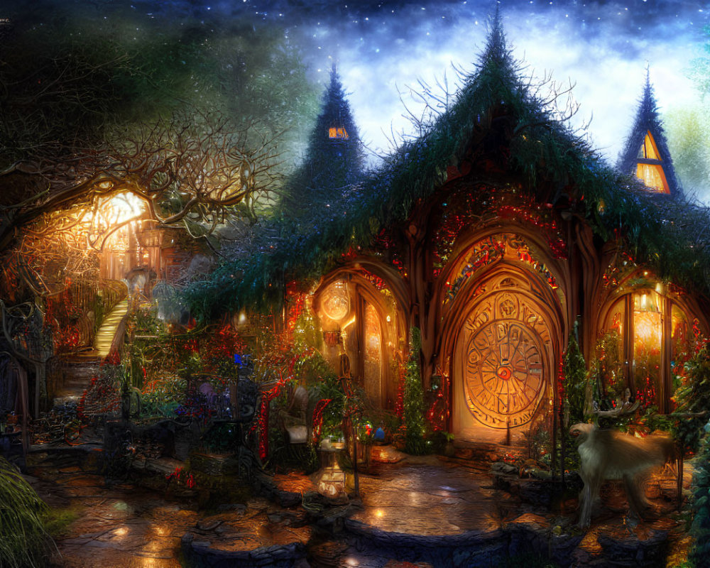 Intricate Doors and Festive Lights in Fairy-Tale Cottage