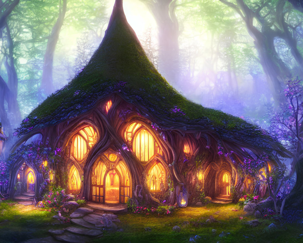 Glowing windows in enchanted forest cottage under mystical light