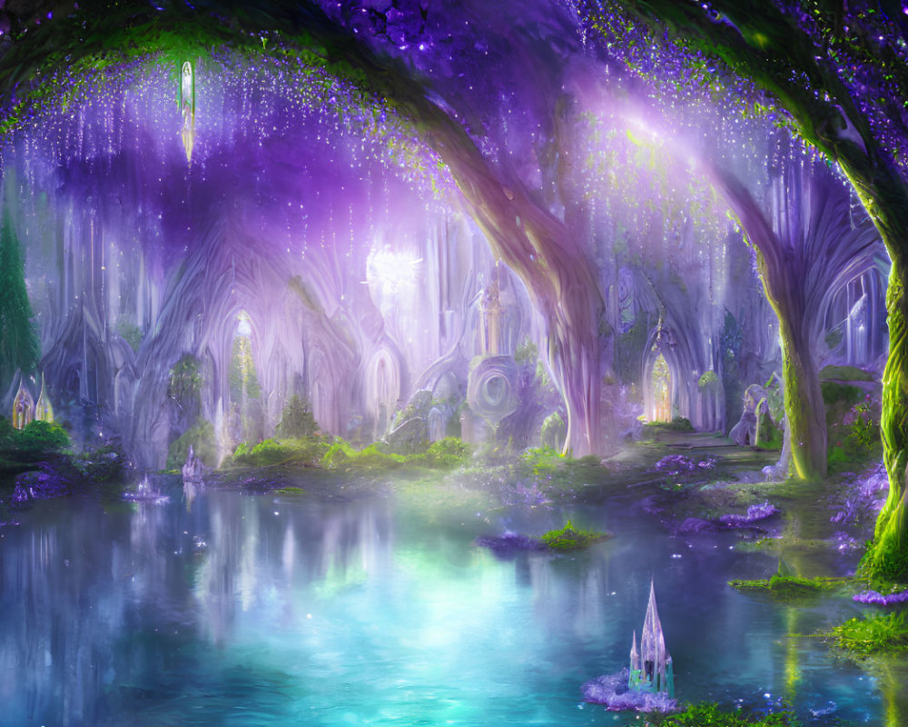 Vivid Purple and Blue Magical Forest with Glowing Trees