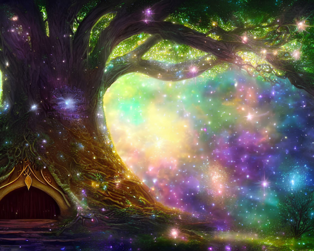 Enchanting tree with door on colorful starry background