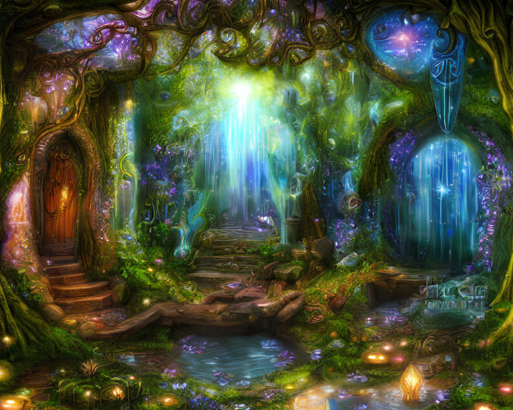Enchanting forest glade with luminous trees and magical elements