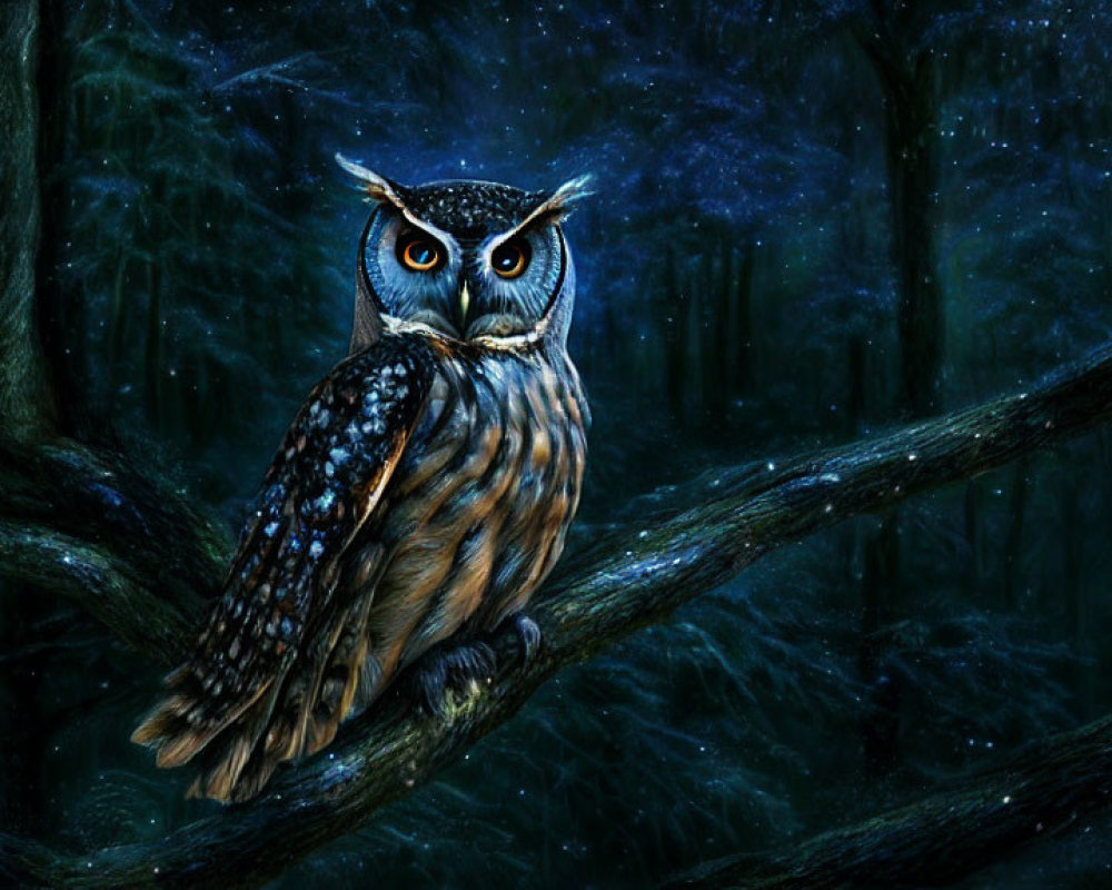 Owl with orange eyes on branch in mystical forest