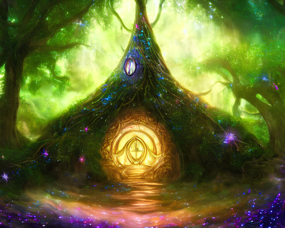 Glowing forest with mystical structure and peacock feather design