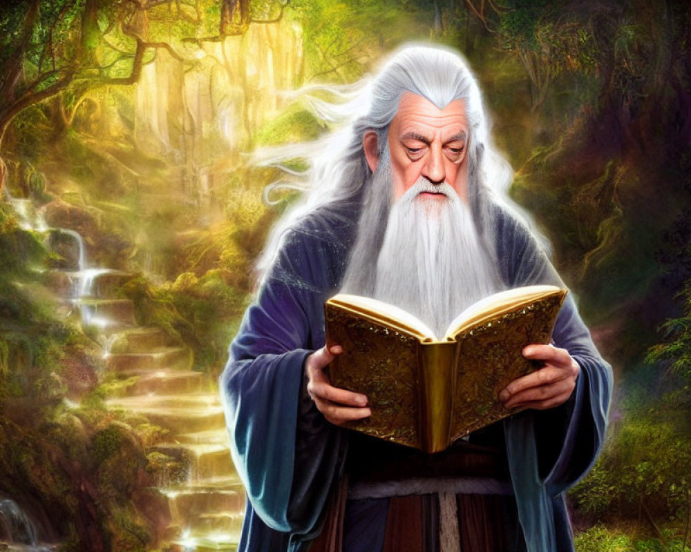 Elderly wizard reading golden book in enchanted forest