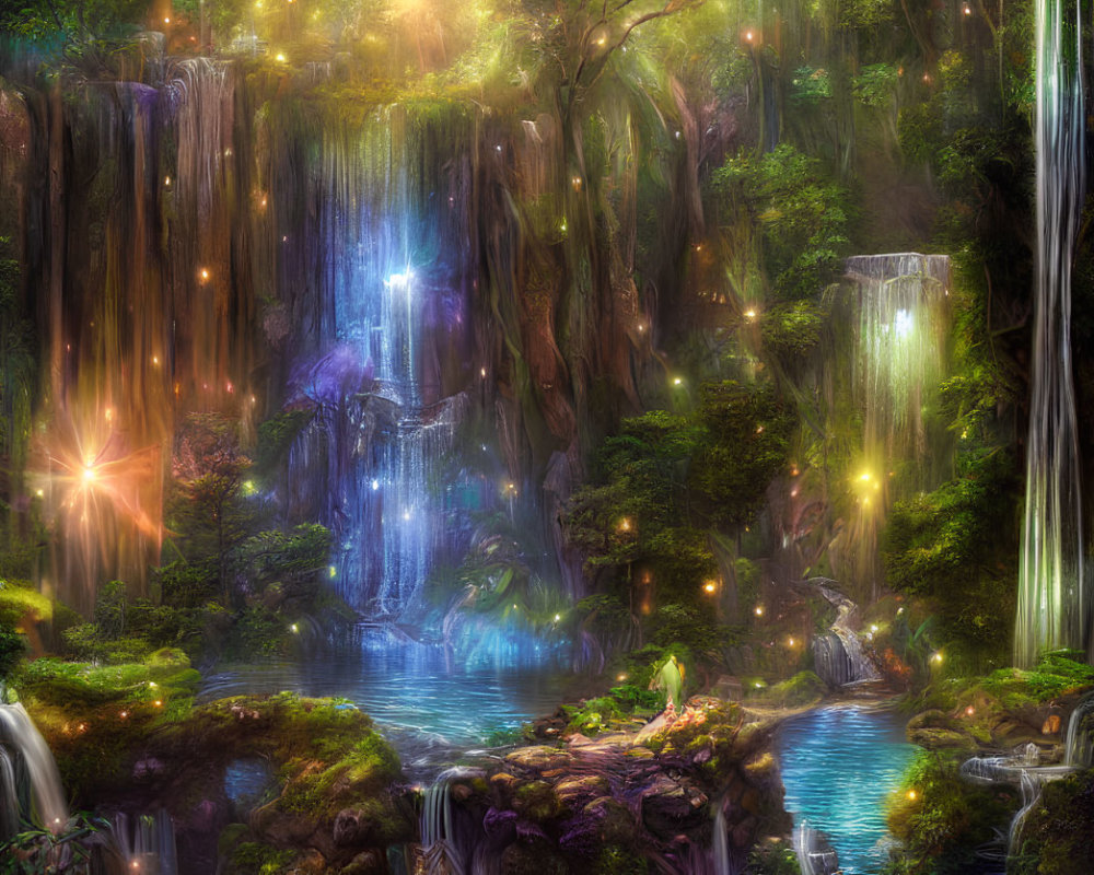 Luminous waterfalls and glowing orbs in enchanted forest scene