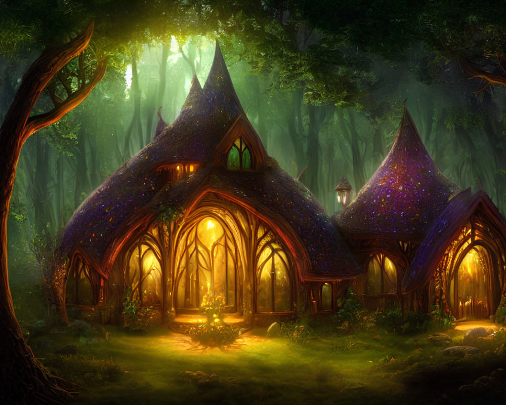 Enchanted Forest Setting with Glowing Rooftop Cottages