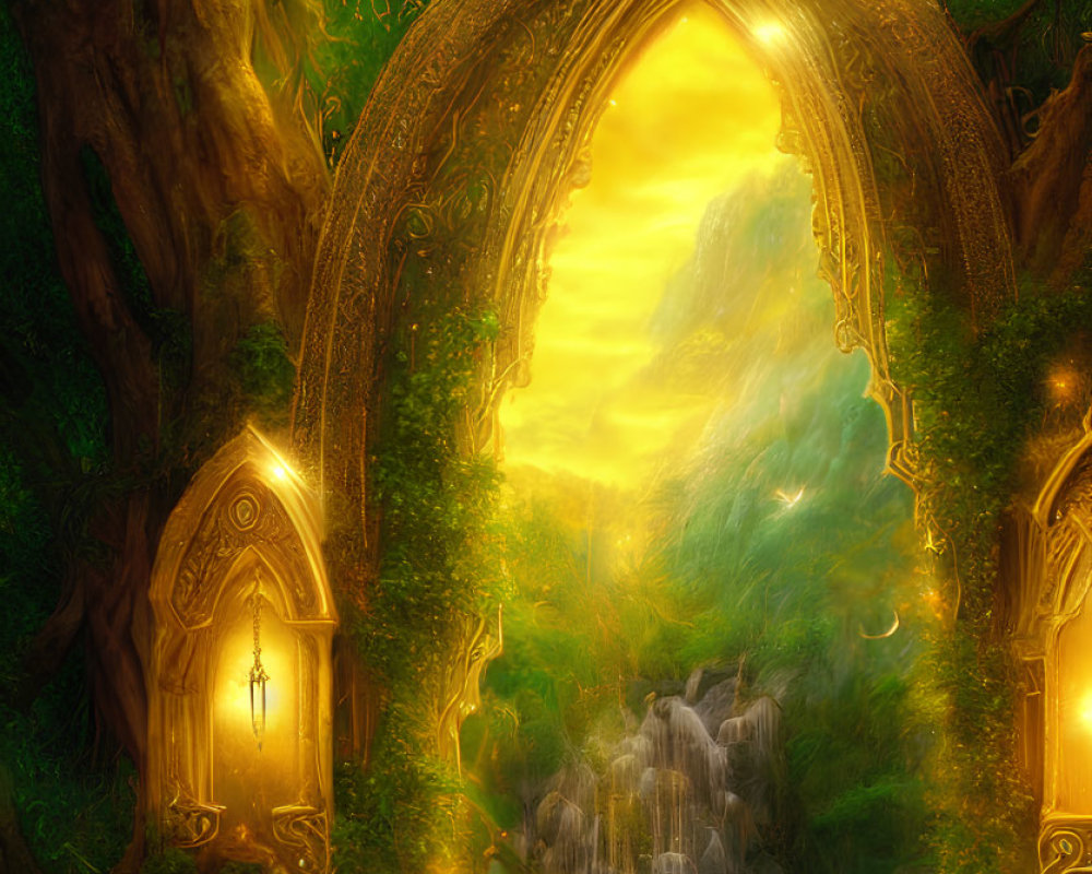 Enchanting forest scene with ornate gateway and waterfall