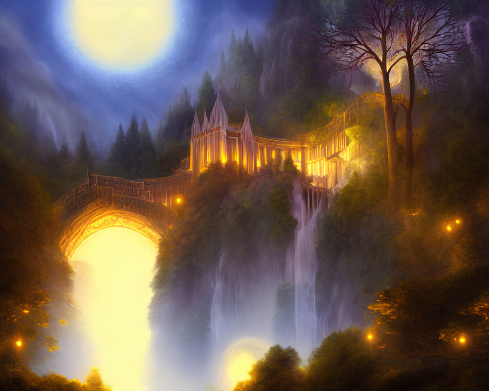 Fantasy landscape with illuminated bridge, castle in misty forest, and glowing moon orb