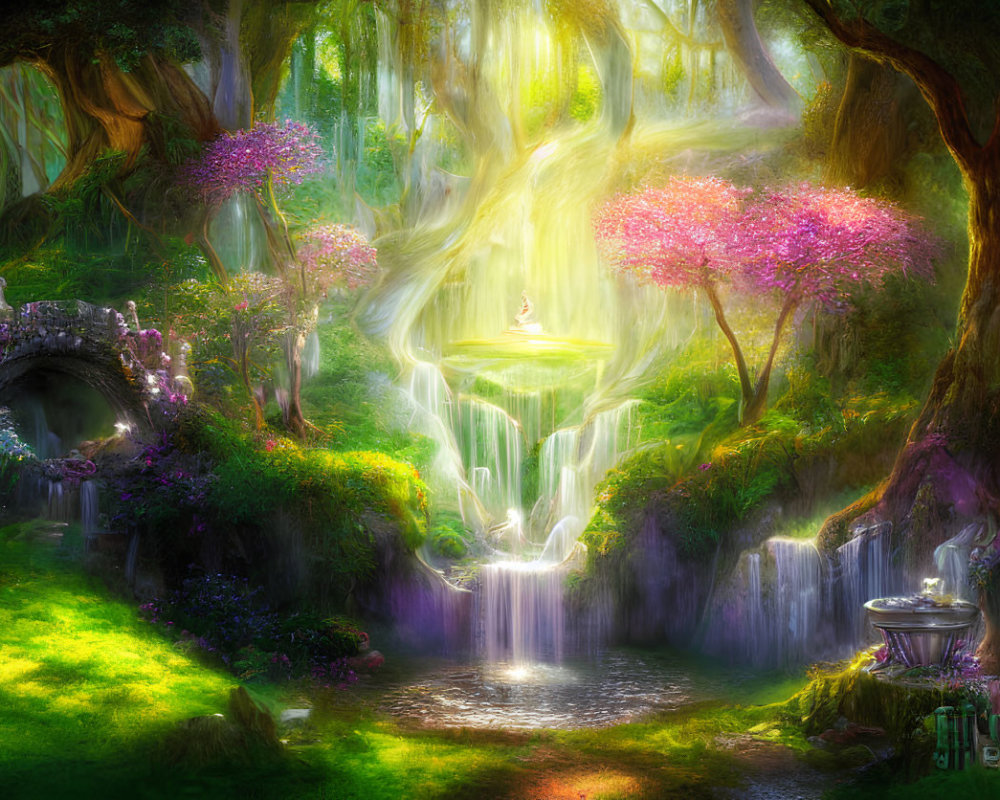 Vibrant forest scene with waterfall, purple trees, and stone bridge