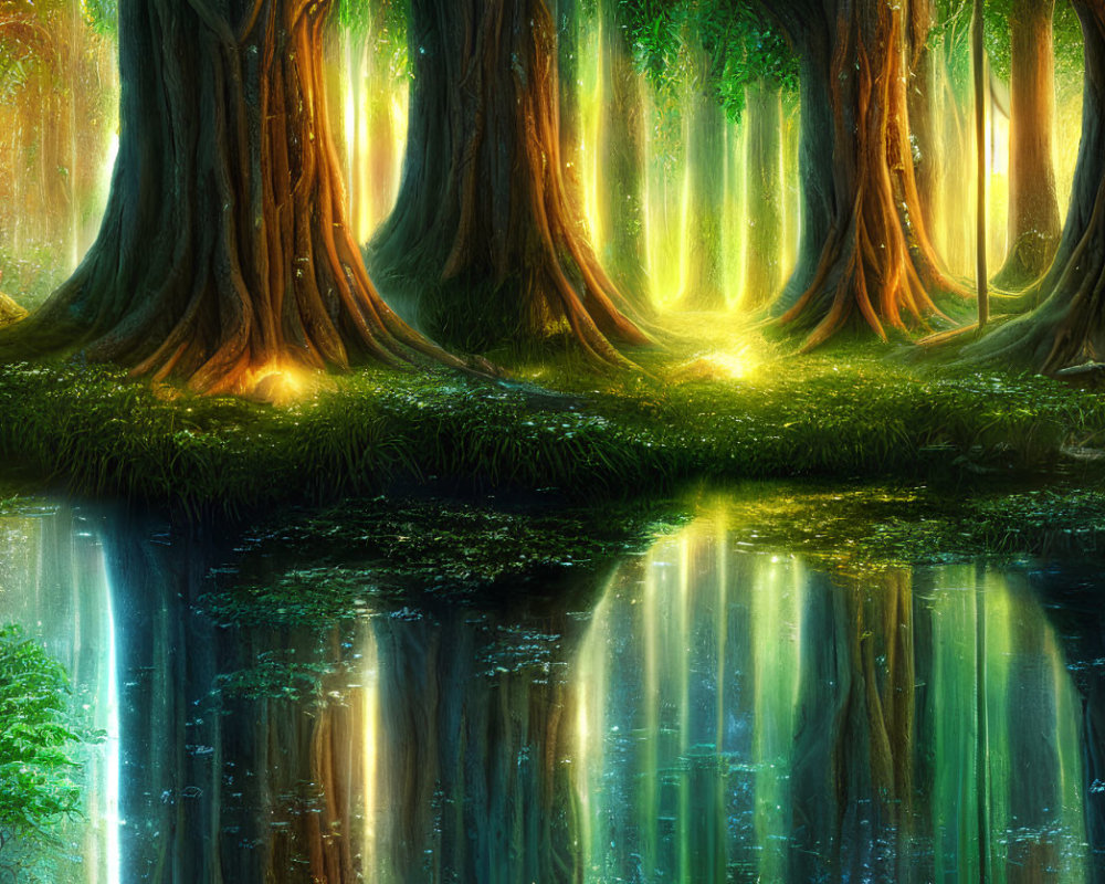 Majestic twilight forest with towering trees and serene water body