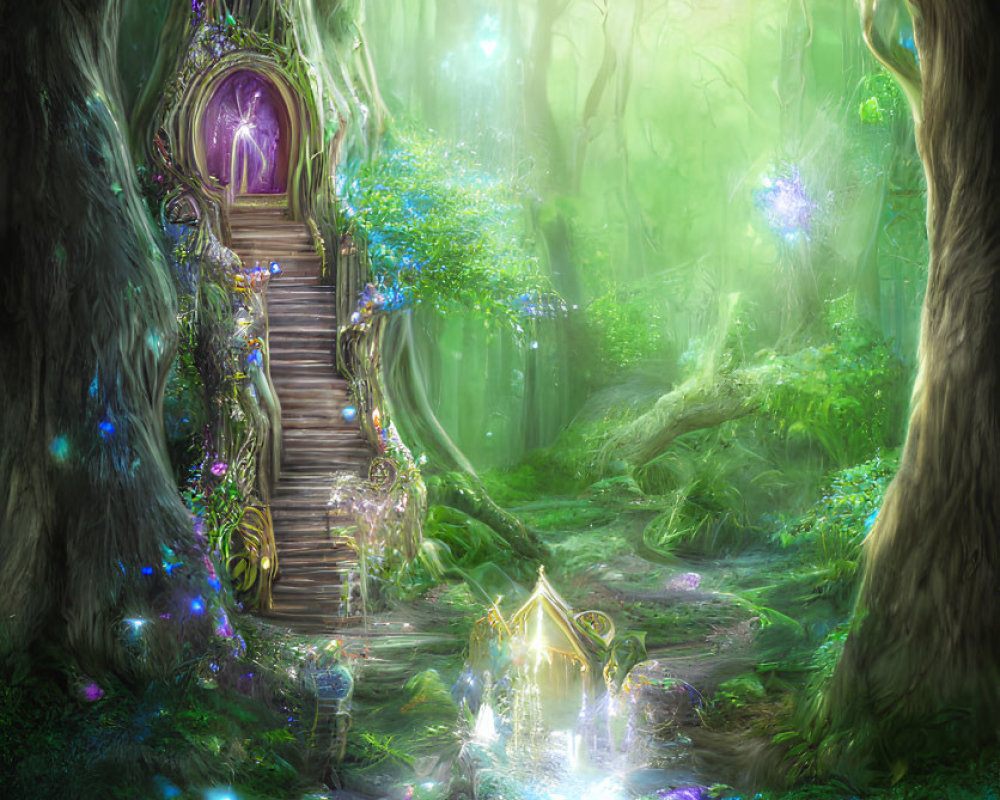 Enchanting forest scene with magical treehouse, glowing flowers, shimmering lights, and radiant pond