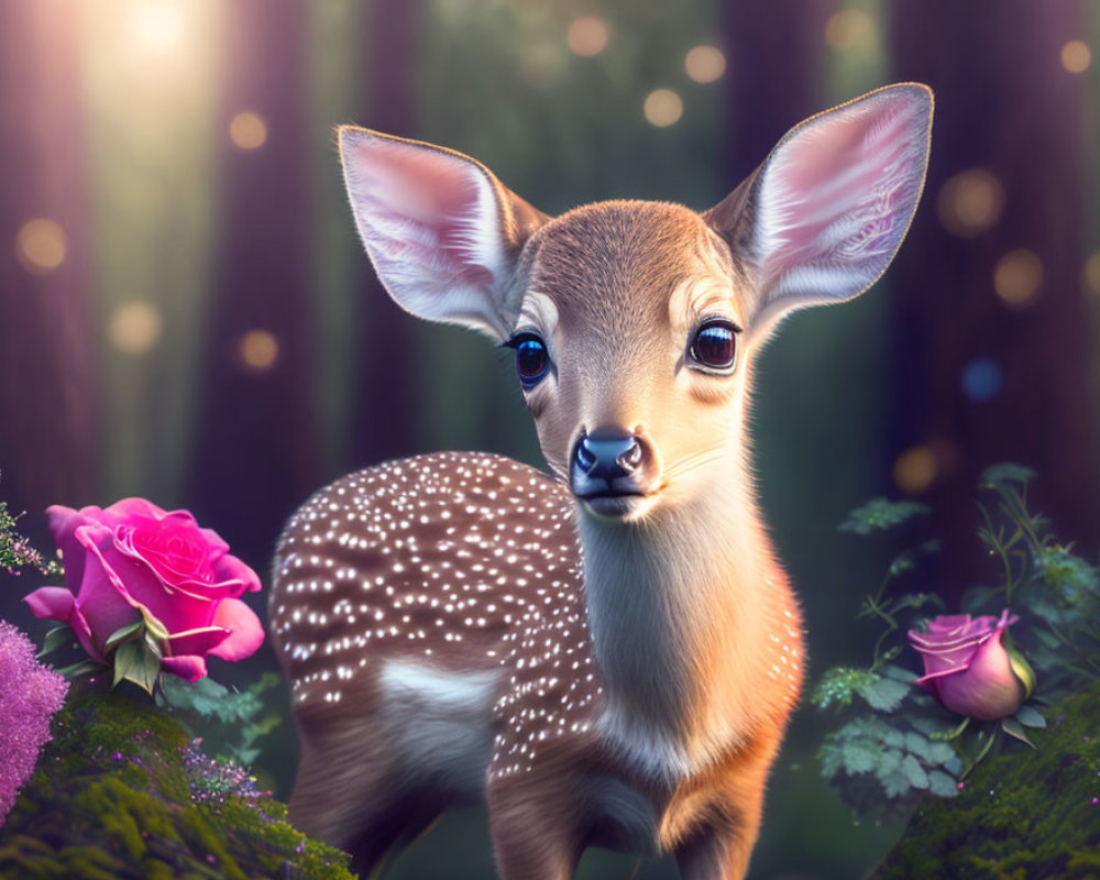 Young deer in mystical forest with expressive eyes and flowers.