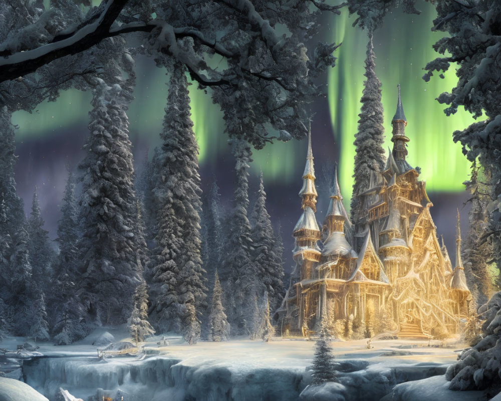 Snow-covered castle in wintery forest with Northern Lights