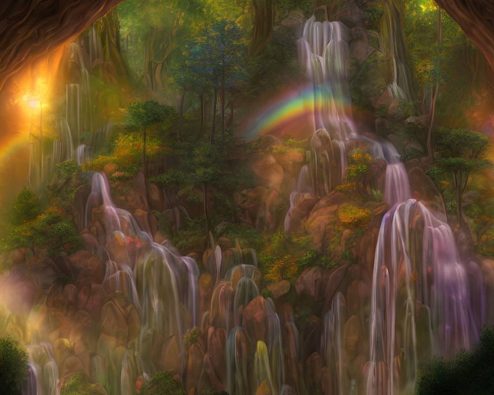 Enchanting forest scene with waterfalls, rainbow, and sunlight