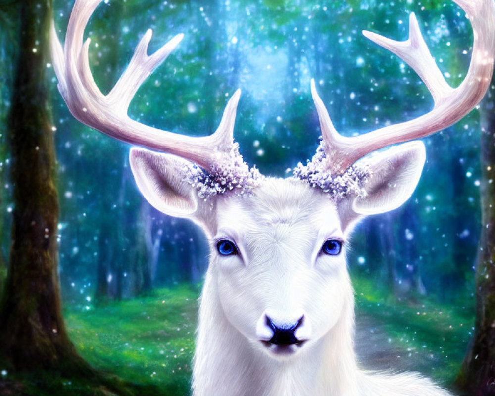 Mystical white deer with large antlers in magical blue forest