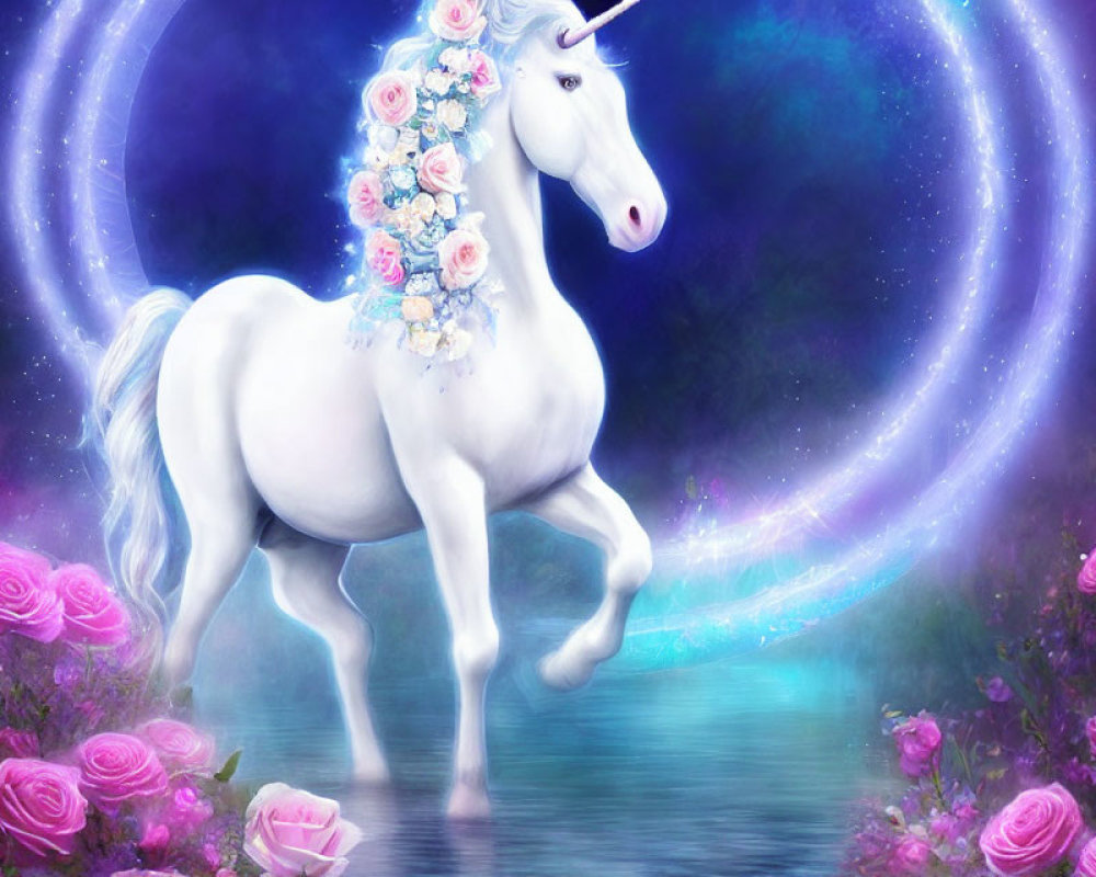 White Unicorn with Floral Crown Surrounded by Pink Roses in Mystical Blue and Purple Setting