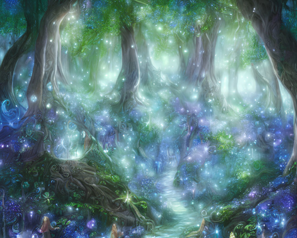 Enchanting forest with luminous plants and magical lights