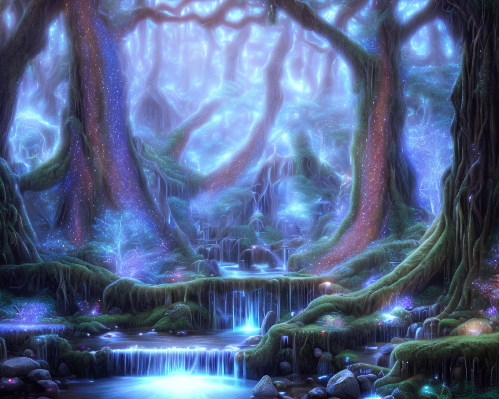 Majestic Enchanted Forest with Glowing Foliage and Waterfall