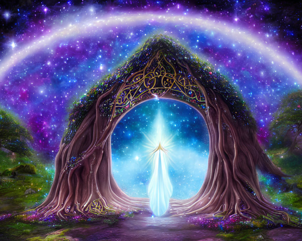 Mystical tree arch with ornate patterns under starry sky in magical forest