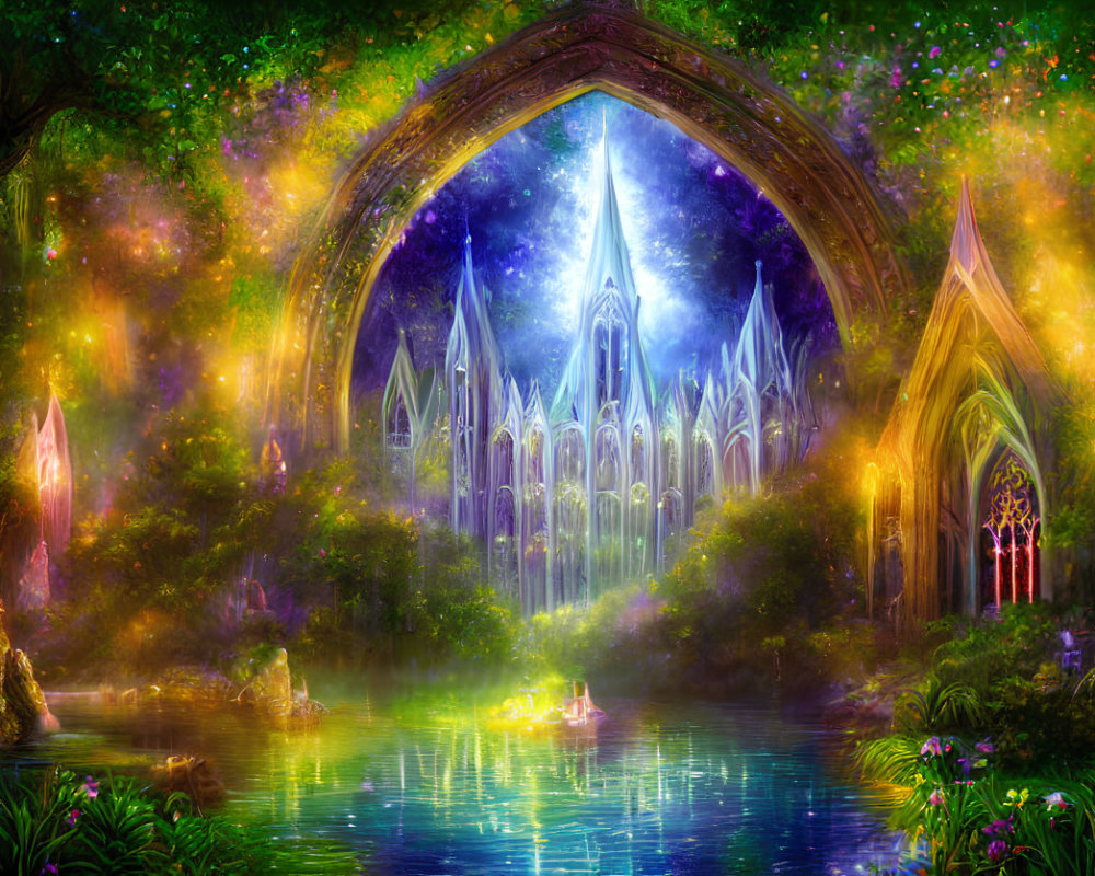 Vibrant fantasy landscape with Gothic cathedral and lush flora