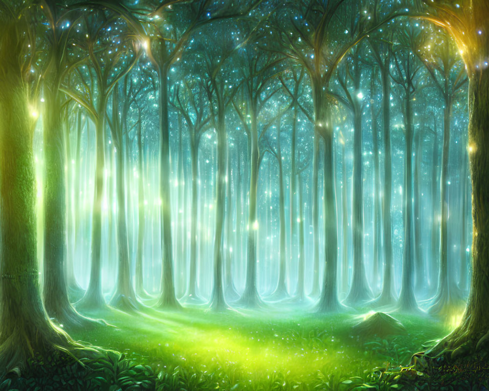 Enchanting Forest with Glowing Lights and Towering Trees