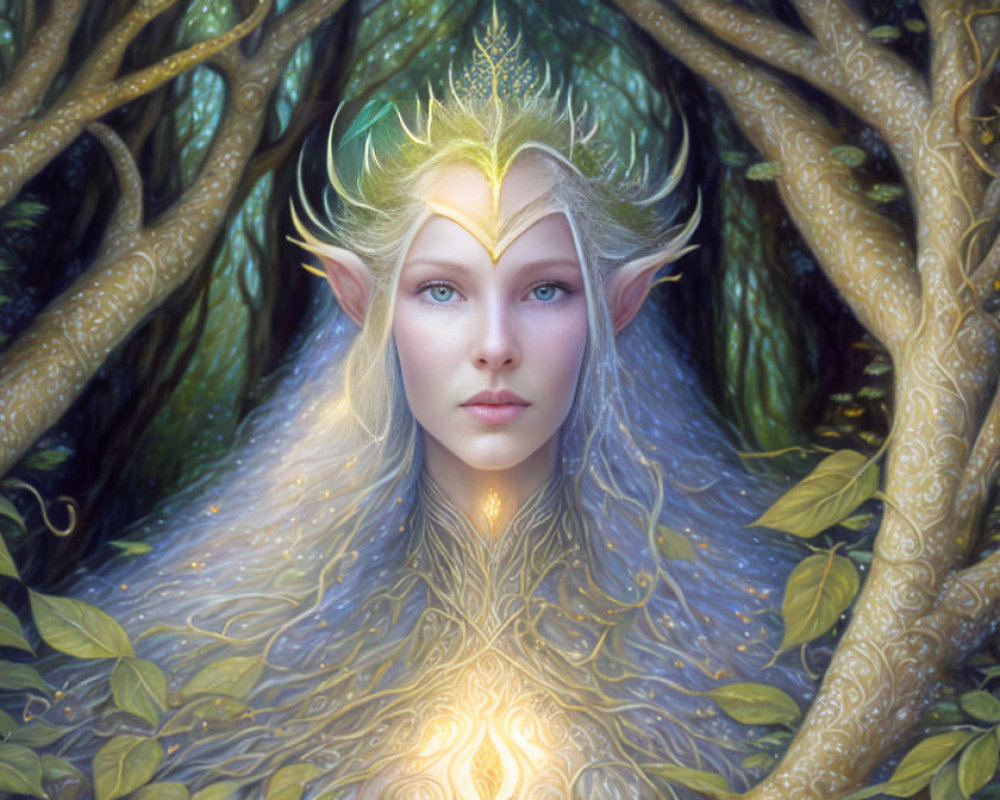 Ethereal elf with pointed ears and golden crown in nature setting