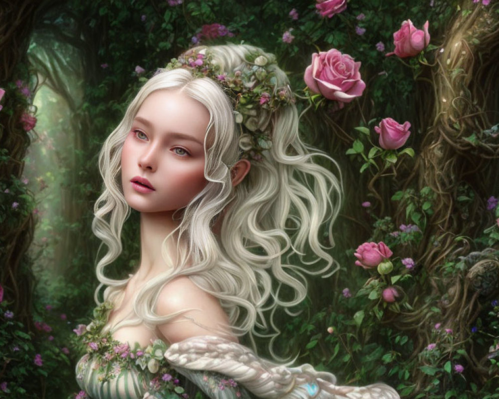 Ethereal woman with white hair in mystical rose forest