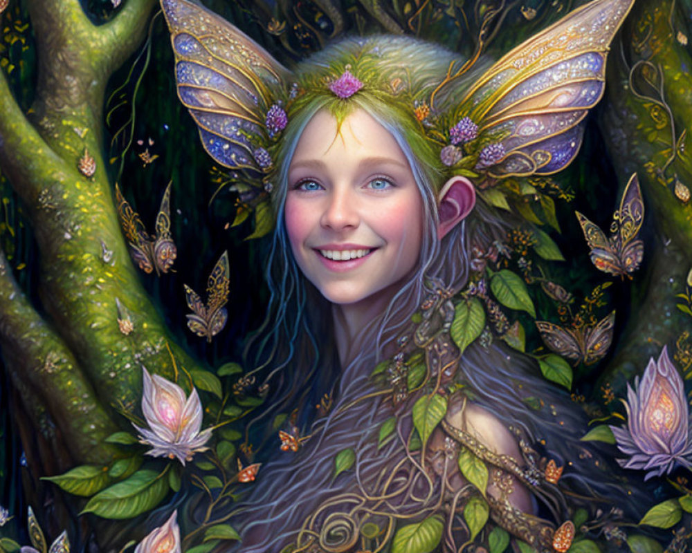 Whimsical fairy illustration in lush greenery with delicate wings