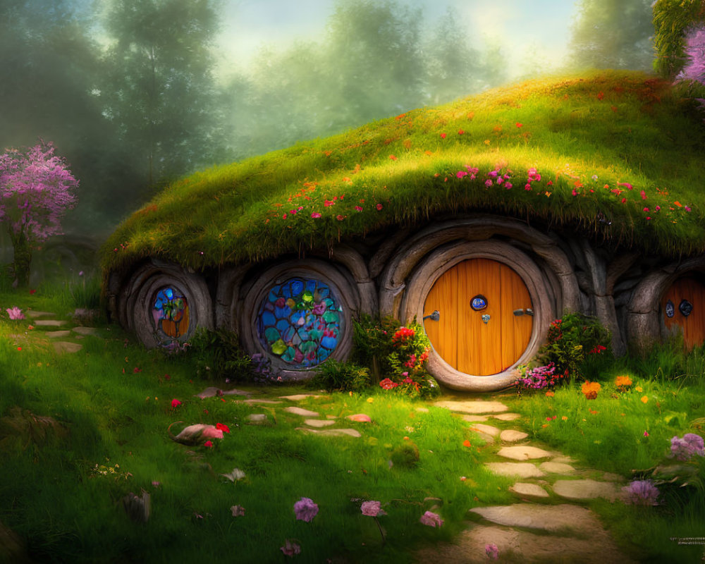 Charming hobbit-style house in lush meadow with round doors and stained glass windows