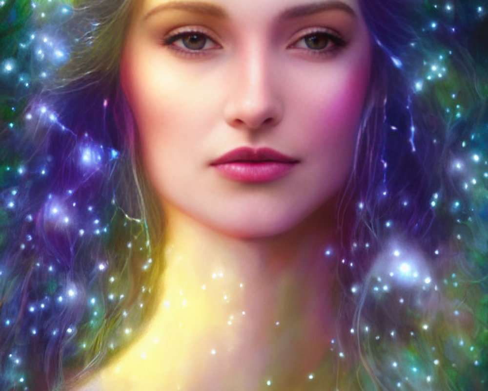 Serene woman with gold crown in mystical cosmic aura