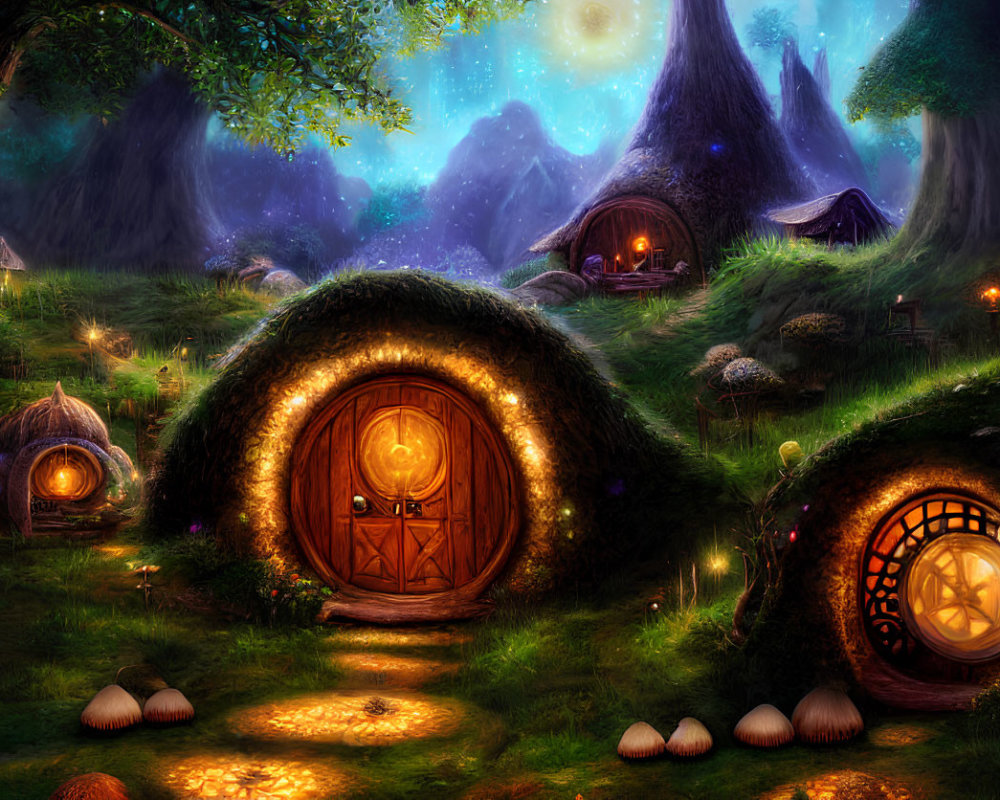 Whimsical hobbit-style houses in an enchanted nighttime forest