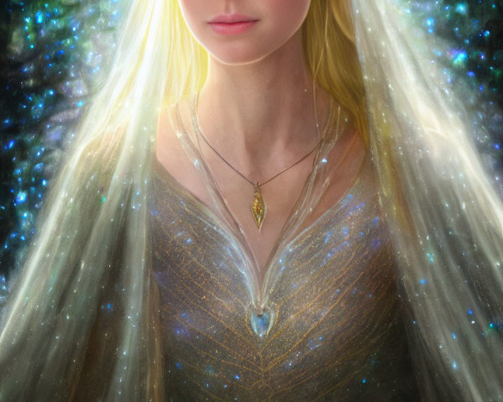 Blond elf in jeweled dress on starry backdrop