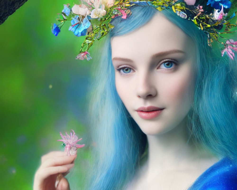 Woman with Blue Hair and Floral Crown in Vibrant Forest Scene