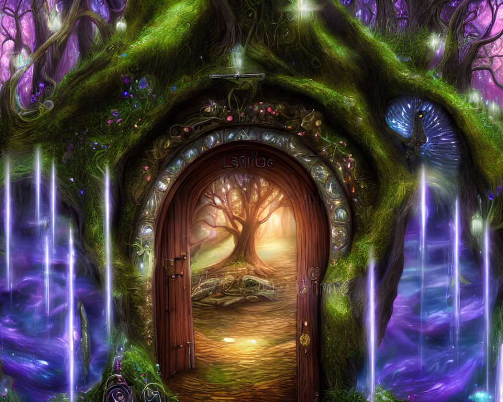 Fantasy woodland scene with glowing tree door and mystical path under purple sky