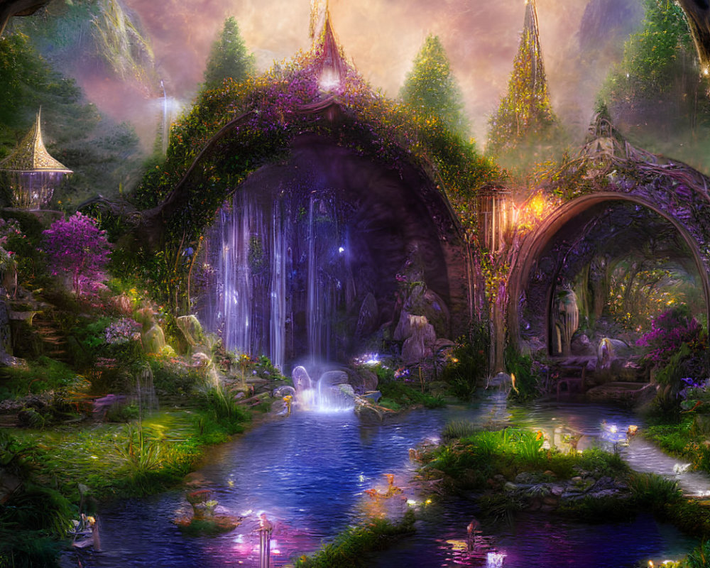 Fantasy landscape with glowing waterfall, ethereal trees, archways, serene river