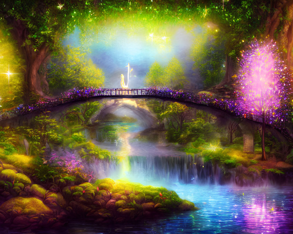 Fantasy landscape with sparkling waterfall, glowing figure, luminous trees.