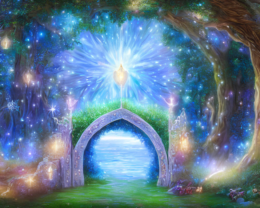 Enchanting Fantasy Landscape with Illuminated Archway & Mystical Trees