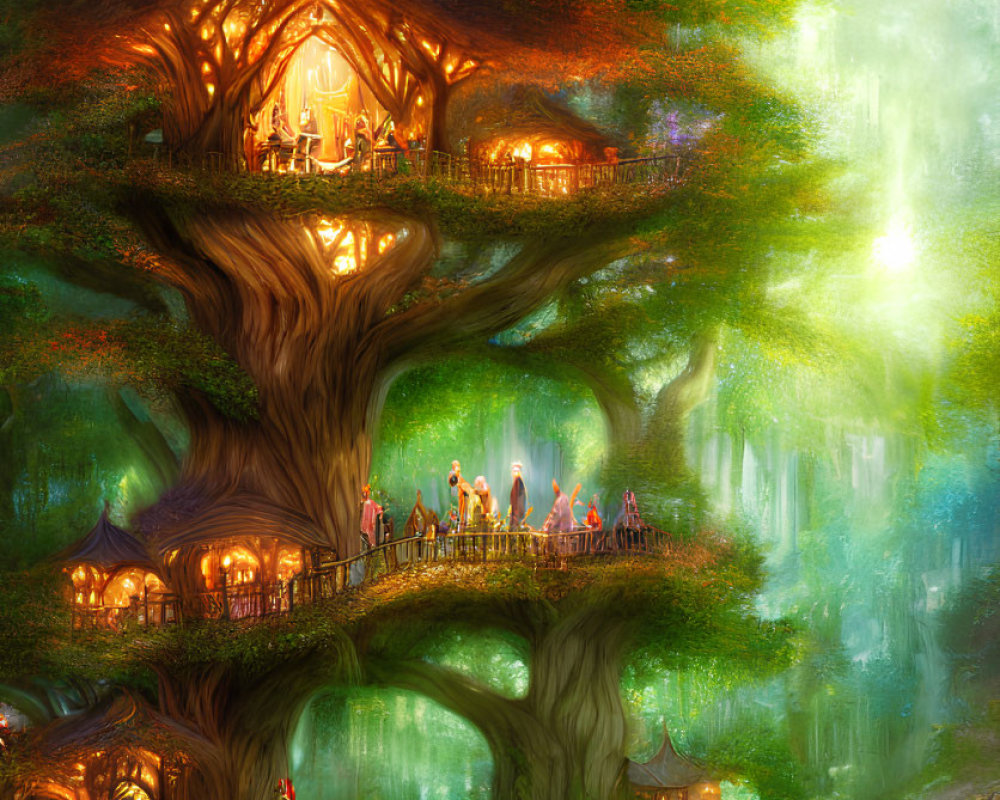 Enchanted forest scene with oversized trees and cozy dwellings