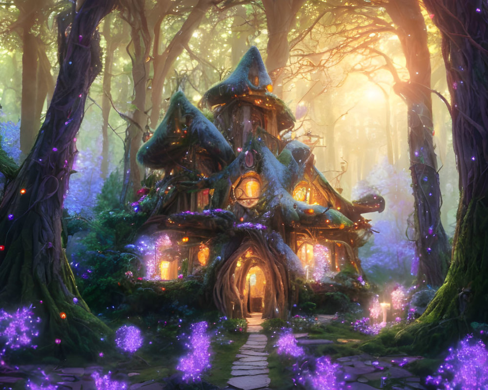 Whimsical Treehouse in Enchanted Forest Twilight