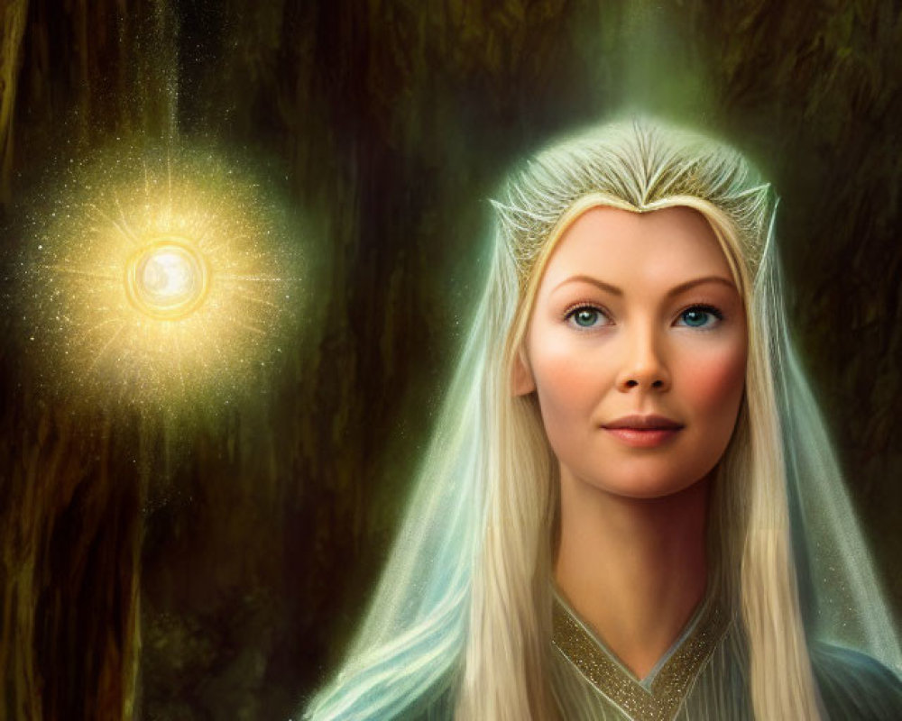 Blond-haired woman with crown in mystical forest surrounded by glowing orbs