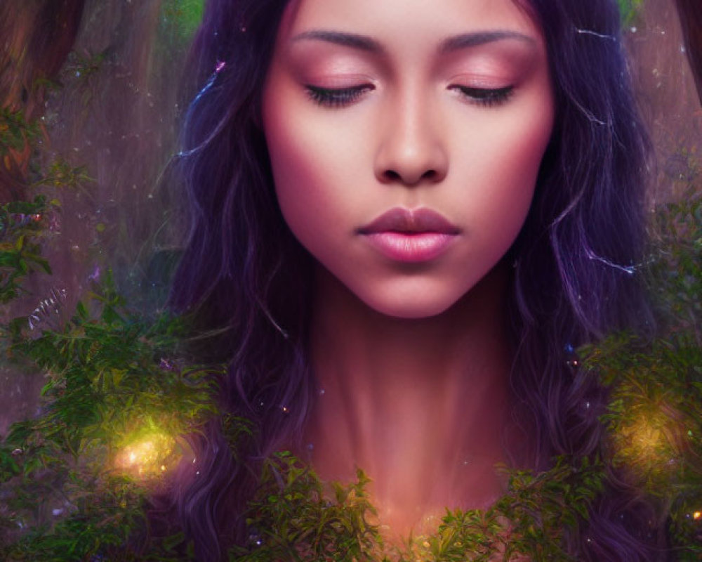 Purple-haired woman blending into mystical forest with golden tree.