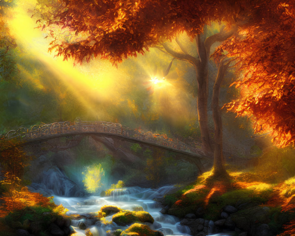 Sunlit stone bridge over autumn stream with warm foliage