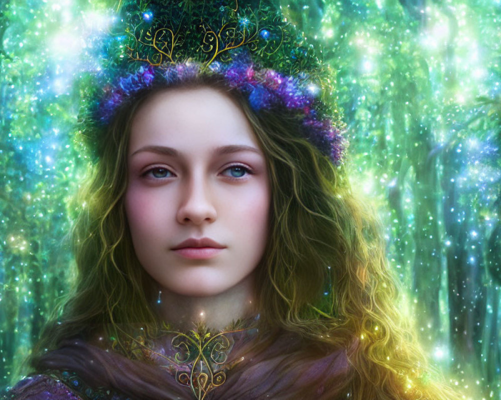 Mystical woman with floral crown in enchanted forest