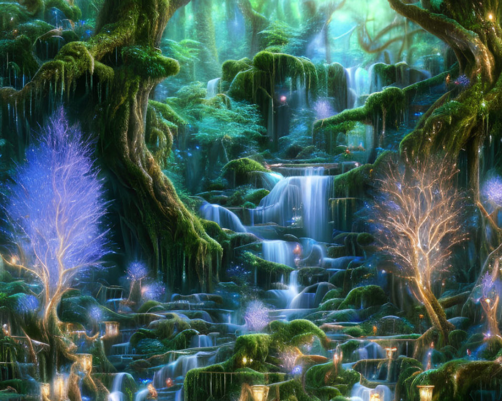 Mystical forest with blue and green hues, waterfalls, glowing flora, moss-covered trees