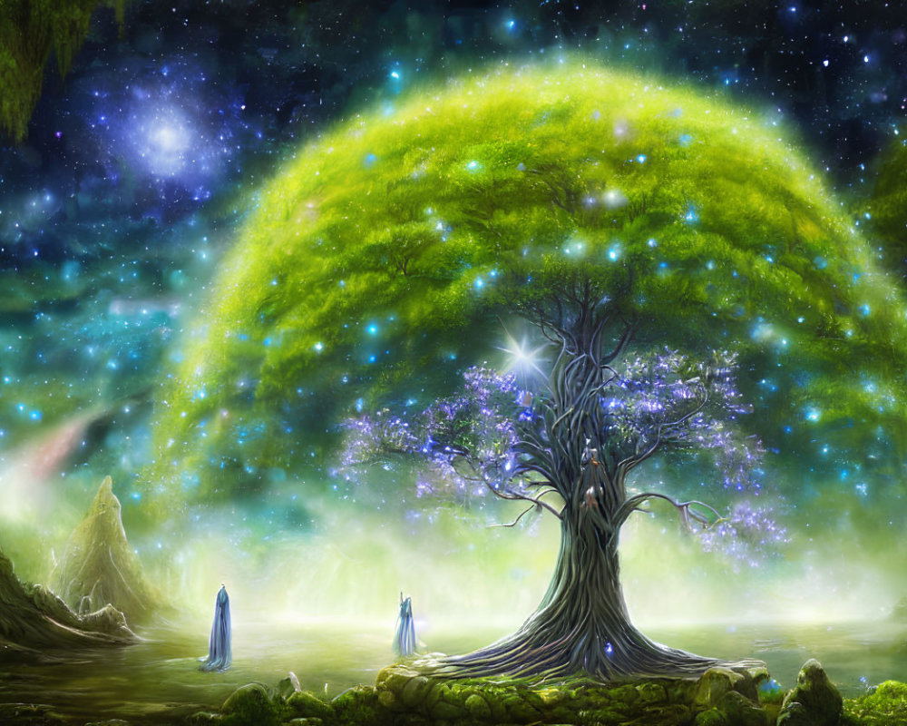 Majestic tree with luminous canopy in fantasy landscape