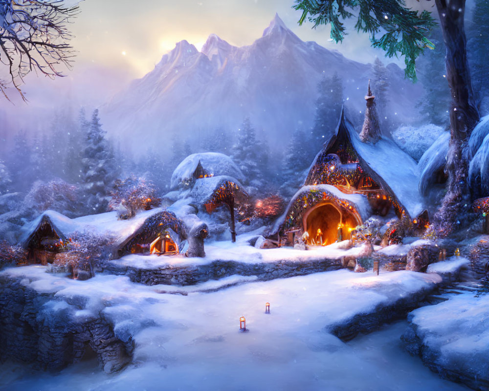 Snow-covered cottages in a winter village with glowing lights and majestic twilight mountains