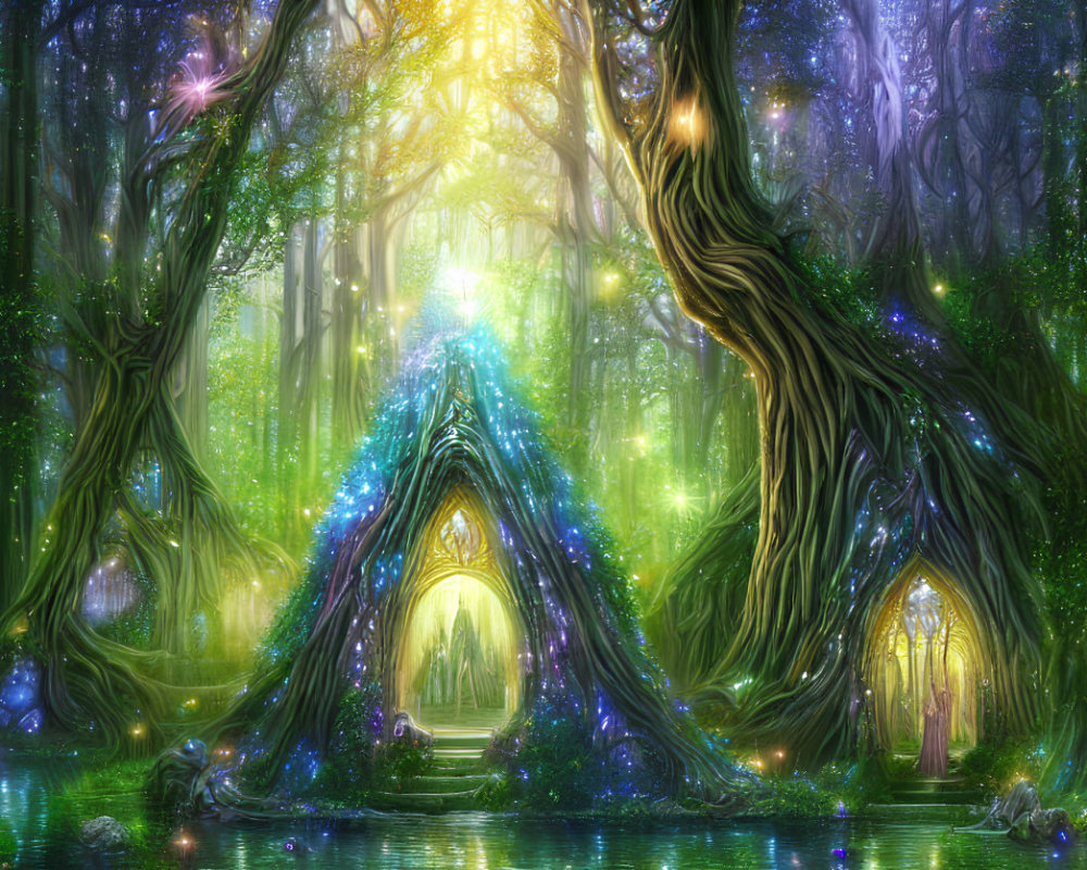 Enchanting Forest with Glowing Lights and Arched Trees