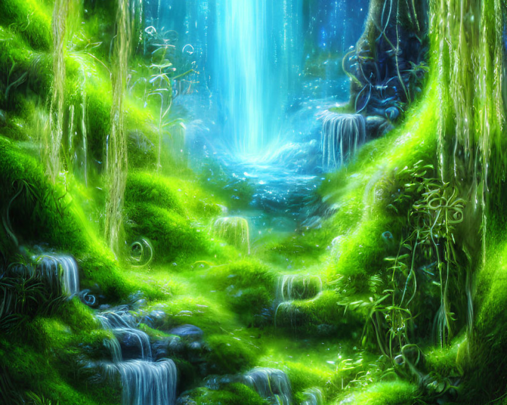 Mystical forest with glowing blue pond and waterfall